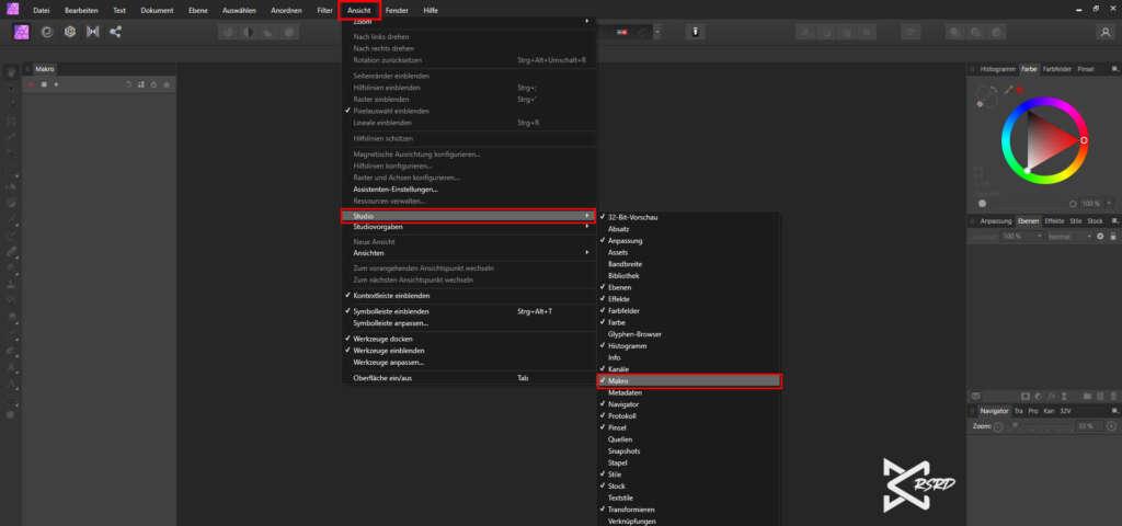 Affinity Photo Stapelverarbeitung Makro_ enster aktivieren